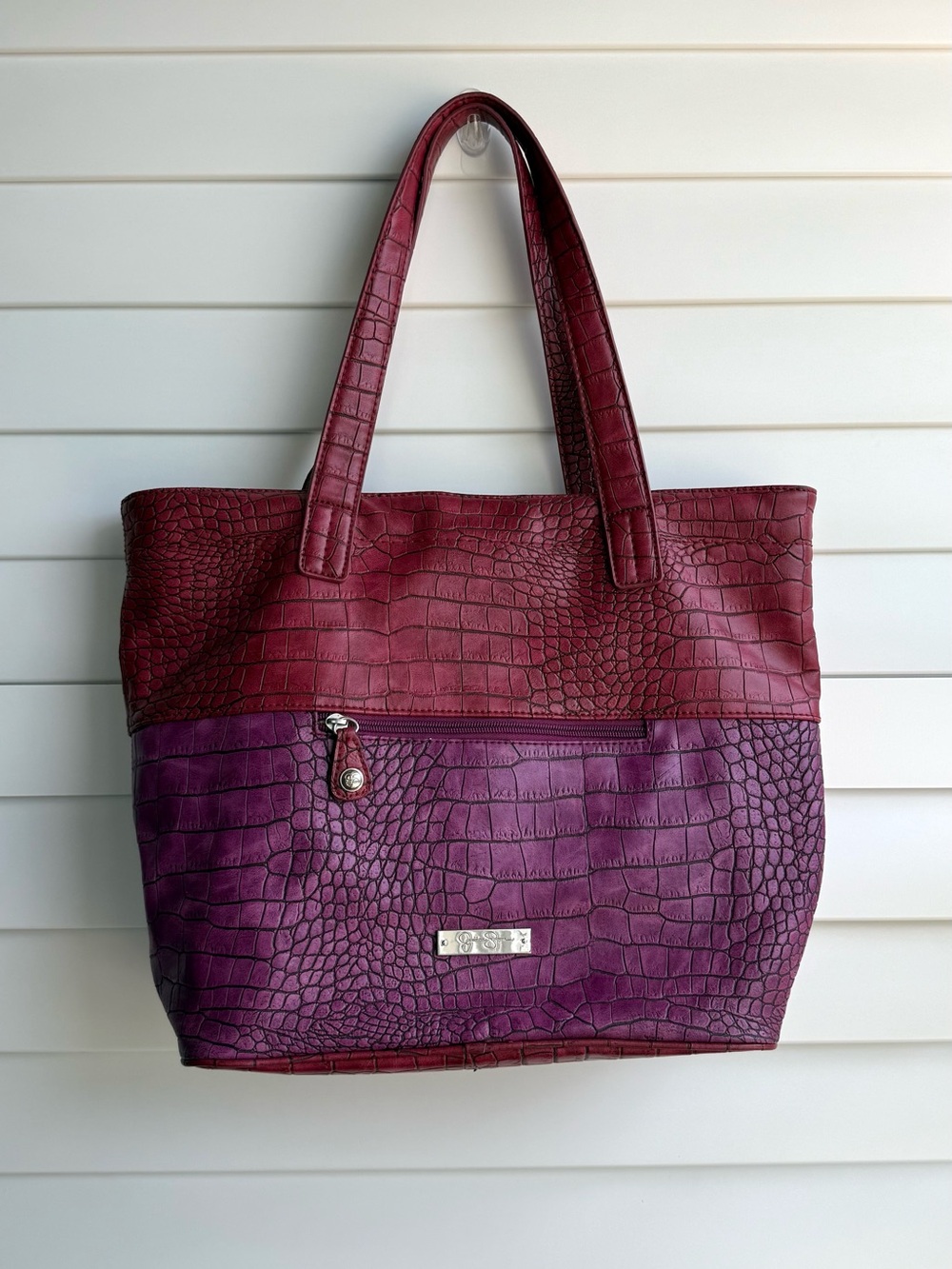 Jessica Simpson Two-Tone Burgundy and Purple Croc-Embossed Tote Bag